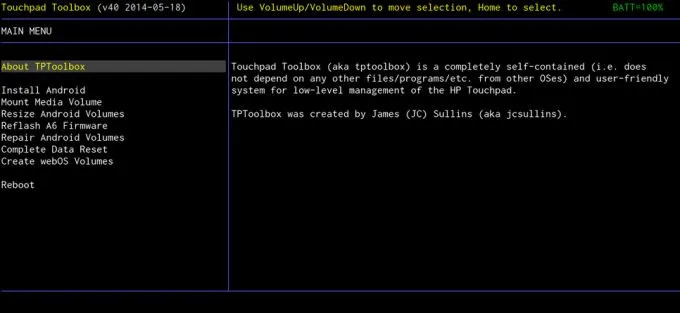 TP Toolbox menu on the TouchPad