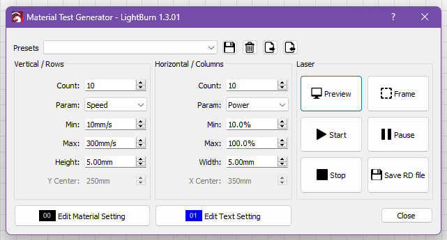 LightBurn Material Test settings